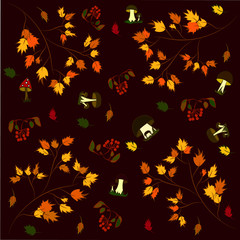 Background pattern autumn mushrooms foliage rowan