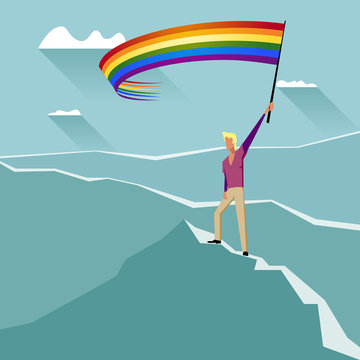Man with LGBT Flag on a Mountain Peak