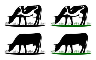 Cow grazing on meadow, cow silhouette in field eating grass. Vector cow icon or logo for farm store or market. Milk, dairy, farm product design element set.
