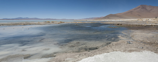 Laguna y Termas de Polques hot spring pool with Salar de Chalviri in background, Salar de Uyuni, Potosi, Bolivia - South America	
