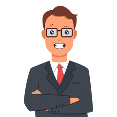 Businessman with arms crossed in a business suit. Vector cartoon flat character isolated on white background.