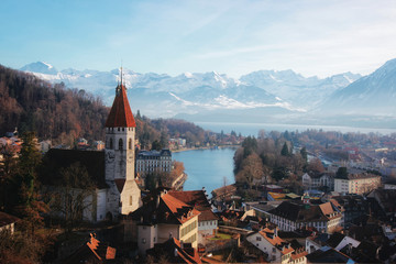 Panorama of Thun Church and Town with Alps Thunersee