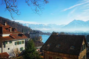 Panorama at City of Thun with Thunersee and Alps winter
