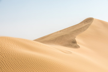 Beautiful remote sandy desert landscape of golden dunes in Liwa desert in Empty Quarter. Abu Dhabi, UAE.