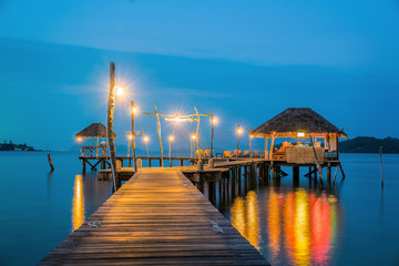 Wooded bridge to Koh Mak harbor after sunset, Koh Mak and Koh Kood is island in Thailand, This...