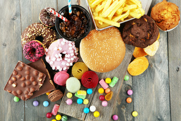 Unhealthy products. food bad for figure, skin, heart and teeth.