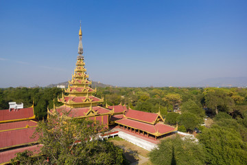 Fototapeta na wymiar The golden pavilion in Mandalay Palace built in 1875 by the King Mindon as seen from the watchtower, Mandalay, Myanmar