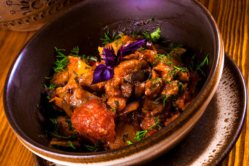 Caucasian cuisine. Ajapsandali with eggplant, pepper, tomato and herbs