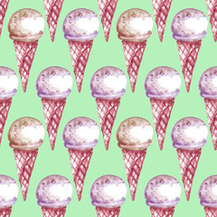 Seamless ice-cream pattern. Watercolor hawn summer print 