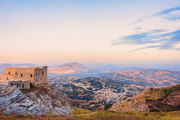 Old ruined castle and scenery at Erice Sicily sunset
