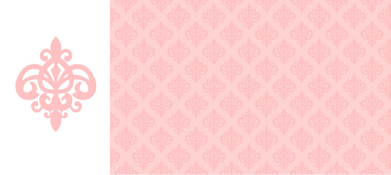 Elegant invitation vector pattern. Floral seamless background. Damask pink wallpaper for girl nursery. Texture for decoration greeting card ( vintage baby shower, wedding, birthday) Little princess 