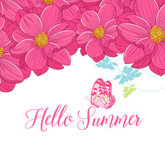 Beautiful spring, summer floral background with flowers of dahlia and butterfly.