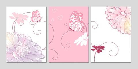 Hand-drawing floral background with flower daisies and butterflies .