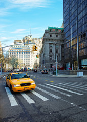 Street view in Financial District of Lower Manhattan USA