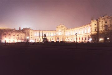 Fototapeta na wymiar Hofburg Palace in Vienna Austria mist and night