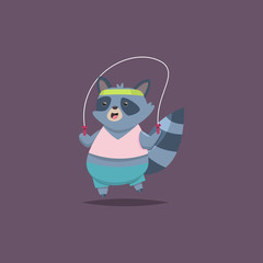 Cute Raccoon cartoon character makes the jump rope exercises. Fitness and healthy lifestyle. Vector illustration of fat funny animal isolated on background.