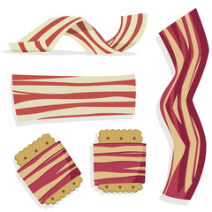 Bacon strips fried crispy, fresh and wrapped around a cracker. Vector flat icons set isolated on white background. Traditional breakfast.