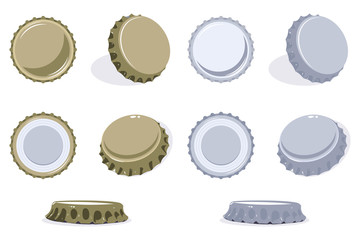 Bottle cap view from top, side and bottom. Vector set of beer or soda lid icons isolated on white background.
