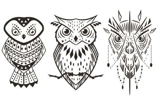 Owl tattoo vector set isolated on white background.