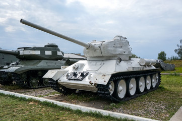 Moscow region, Russia - August 2012: Old Soviet white retro tank T-34-85 since World War Two