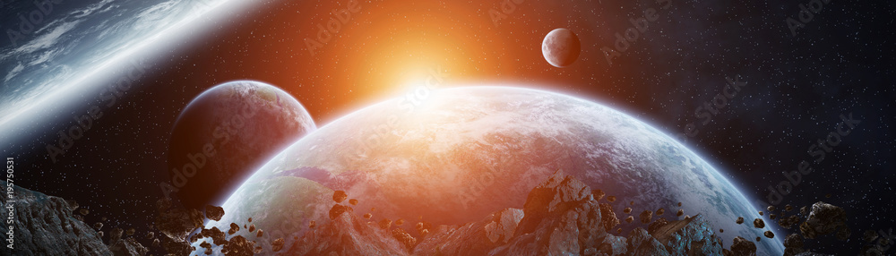 Poster Panoramic view of planets in distant solar system 3D rendering elements of this image furnished by NASA