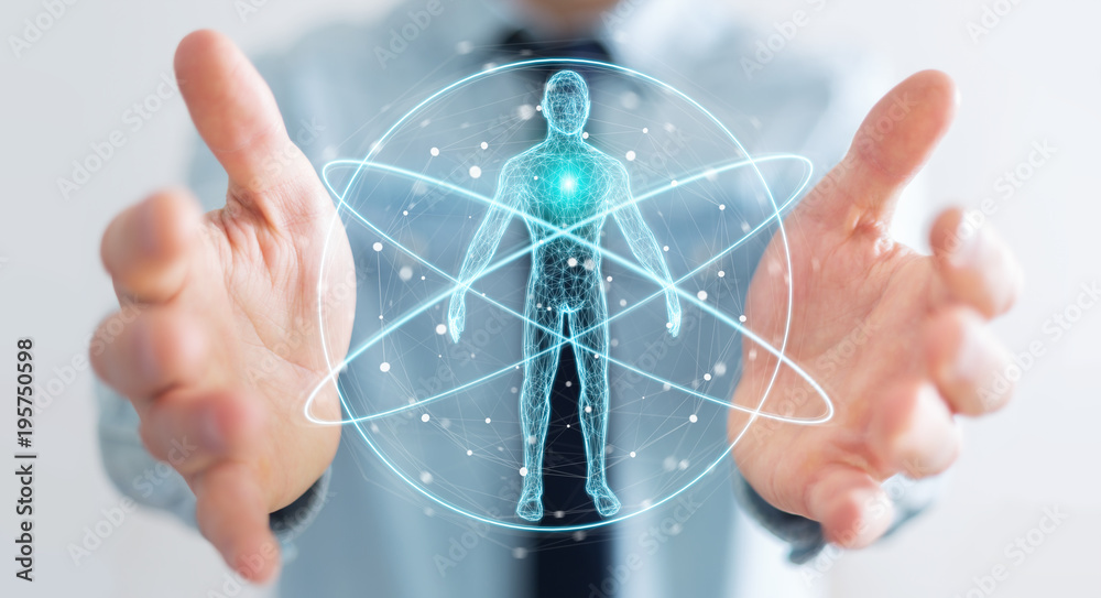 Poster Businessman using digital x-ray human body scan interface 3D rendering