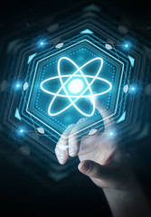 Businesswoman using modern molecule structure 3D rendering