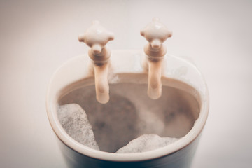 Ceramic vintage decorative sink full of foam, selective focus