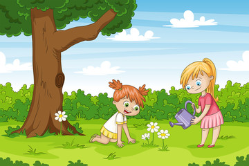 Two girls in the garden. Funny cartoon character.
