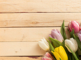 Frame of multicolored tulips on wooden background
