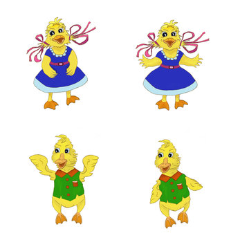 Cartoon ducklings are dressed and standing in different poses
