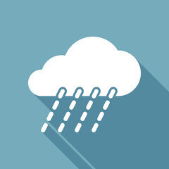 rain, weather icon. White flat icon with long shadow on background