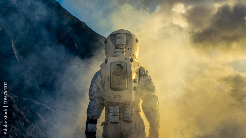 Poster courageous astronaut in the space suit explores mysterious alien planet covered in mist. adventure. 