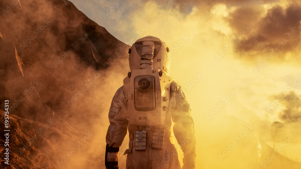 Poster courageous astronaut in the space suit explores red planet mars covered in mist. adventure. space tr