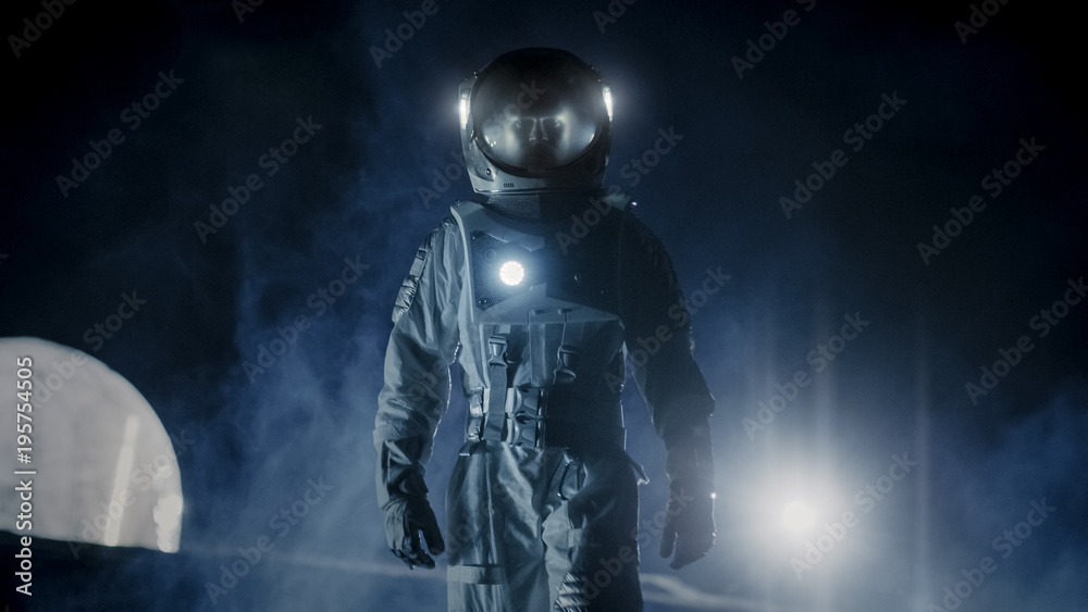 Sticker courageous astronaut in the space suit with flashlight explores mysterious alien planet covered in m