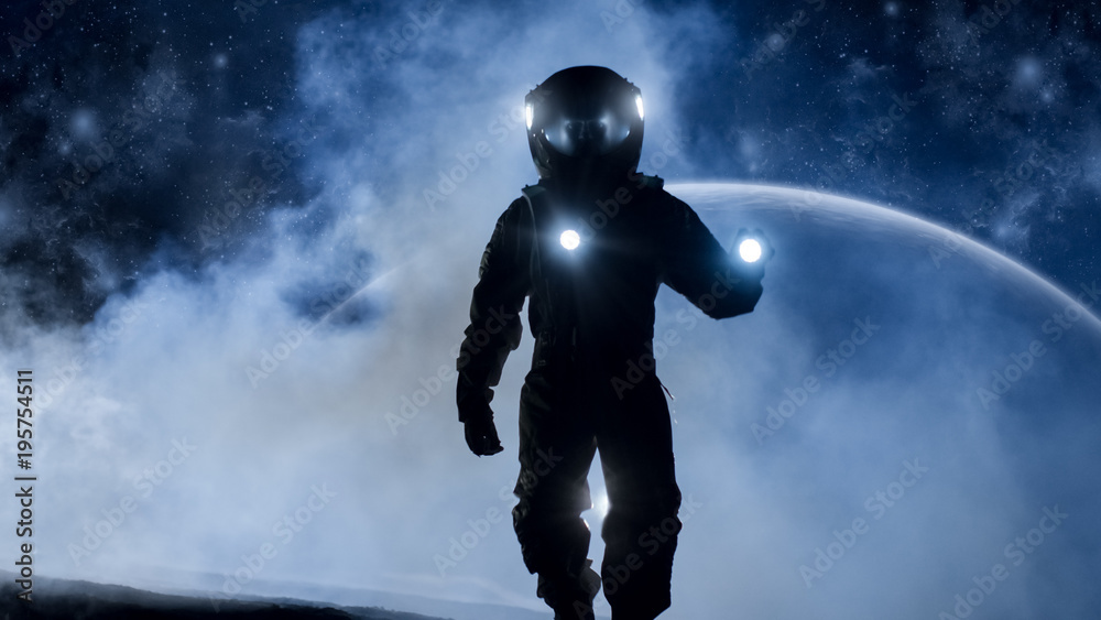 Sticker courageous astronaut in the space suit holds flashlight and explores mysterious alien planet covered