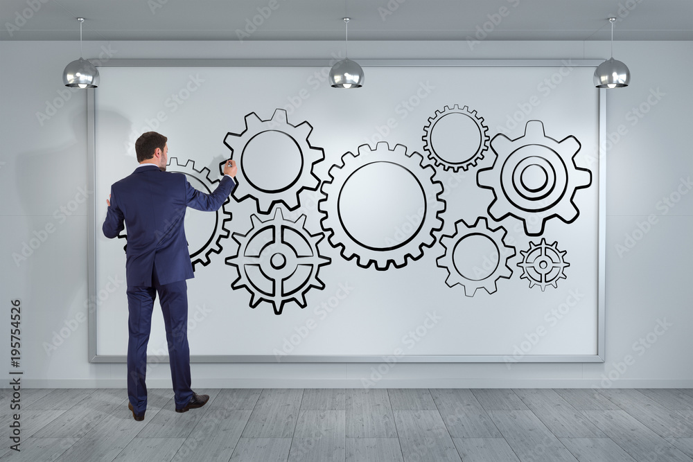 Poster businessman drawing gears sketch on a board 3d rendering
