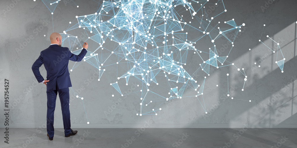 Poster Businessman using connection network on a wall 3D rendering