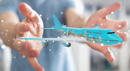 Businessman with plane and famous landmarks of the world 3D rendering