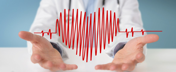 Doctor holding heartbeat digital interface 3D rendering