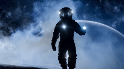 Fototapeta na wymiar Courageous Astronaut in the Space Suit Holds Flashlight and Explores Mysterious Alien Planet Covered in Mist. Other Planet in Background. Adventure. Space Travel and Colonization Concept.