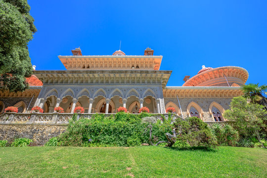 Sintra, Portugal famous landmark in a sunny beautiful day. Arabesque building, a summer resort of Portuguese court. European travel. Tourism in Portugal, Europe. Blue sky, copy space.