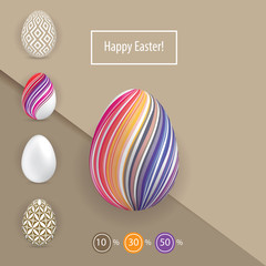 Striped colorful Easter eggs aon the beoge paper background. Bright Easter card