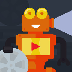 Cinema flat icon. Funny cute robot play the film. Artificial Intelligence in movie.
