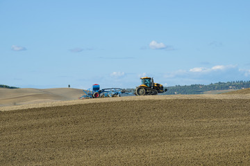 Obraz premium Crawler tractor with planter works in the field of solar September day, Italy