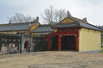 Fototapeta premium The covered corridor next to the Can Thanh Palace Site in the Imperial City, Hue, Vietnam 