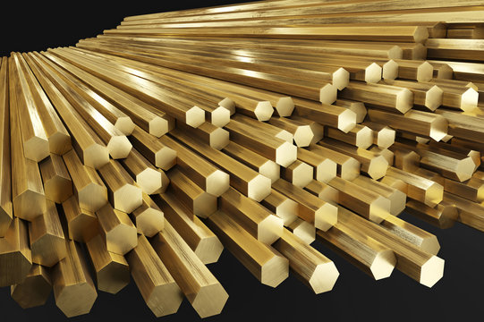 Warehouse of brass rods, rolled metal products. Isolated on gray background, clipping path included. 3D illustration

