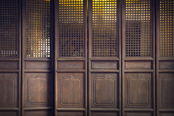 Old chainese wooden door front view and stock photo