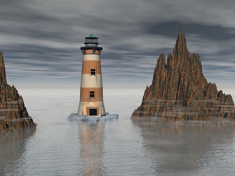 Lighthouse on the sea under sky - 3d rendering