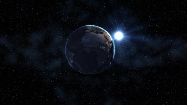 Sunrise Realistic Earth, rotating in space against the background of the starry sky. Seamless loop with day and night city lights changes. High detailed 4k. Elements of image furnished by Nasa